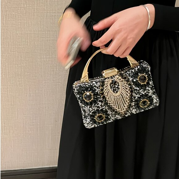 Retro Ladies' Black Evening Bag with Rhinestones Clutch - Picture 3 of 7